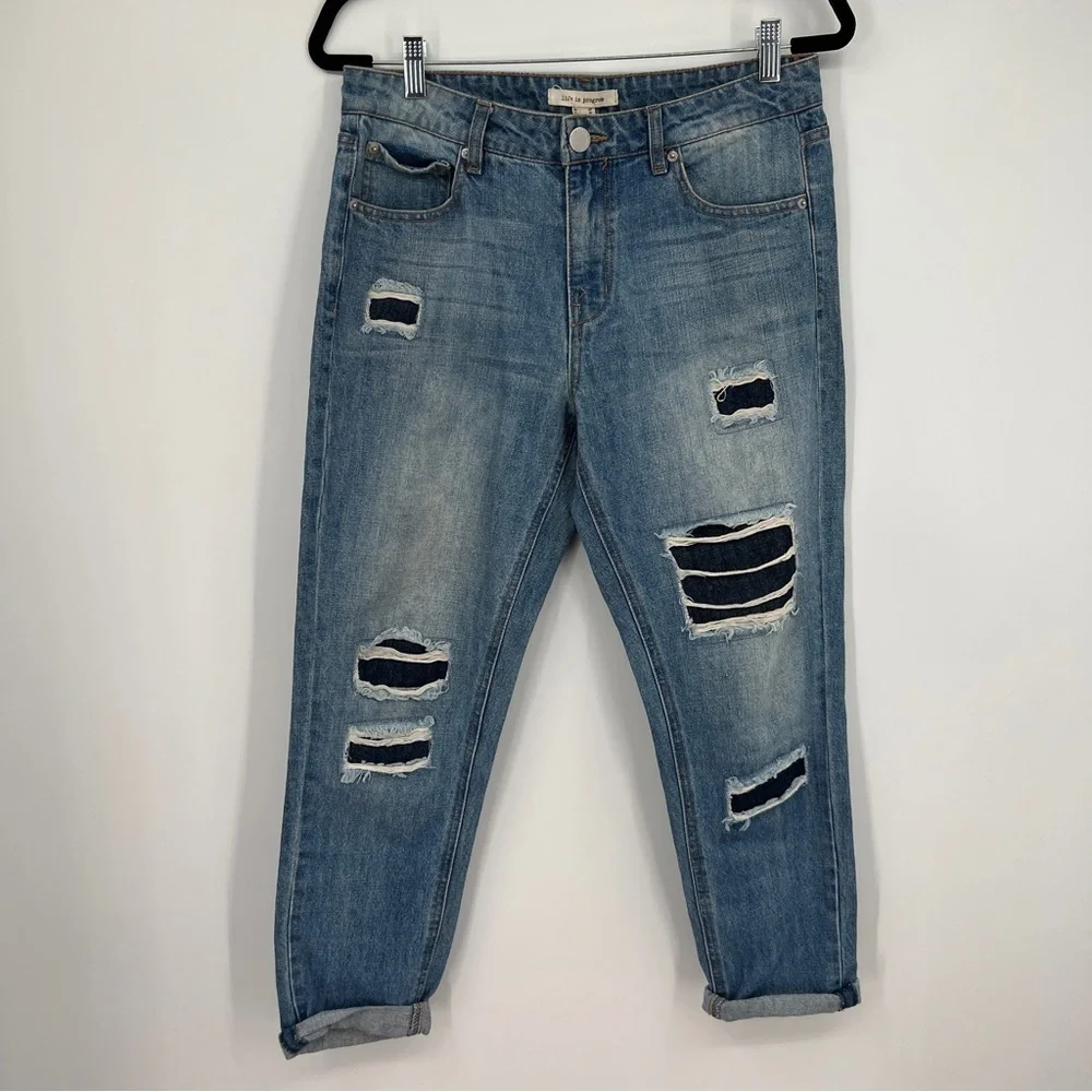 Life In Progress Distressed Ripped Straight Leg Rolled Cuffed Faded Denim Jeans